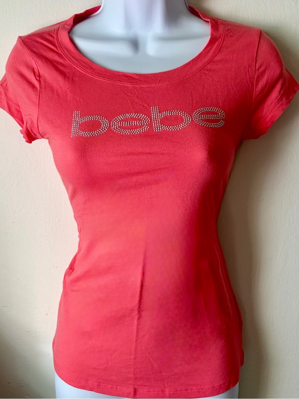 bebe Coral Rhinestone Logo Short Sleeve Tee